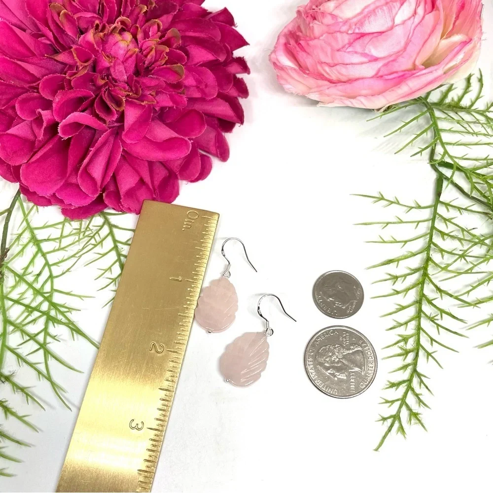 NEW⚜️Carved ROSE QUARTZ Petal Sterling Silver Earrings